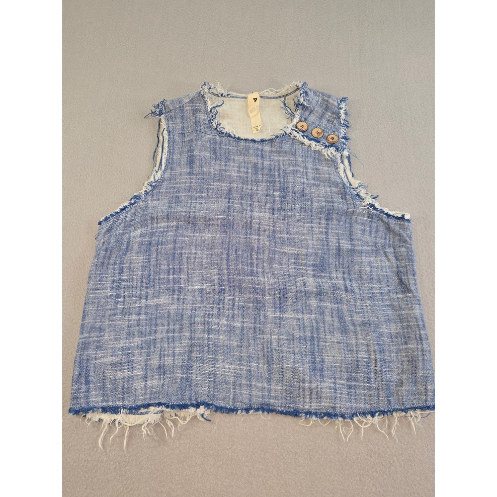 Amadi Crop Top Womens Medium Blue Linen Blend Fringed Raw Hem Boho‎ Made in USA
